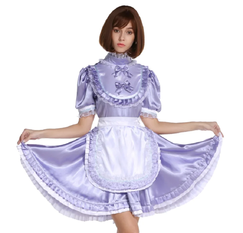 

Hi Neck Frilly Sissy Lockable Lavender Satin Dress Costume Crossdress Cosplay