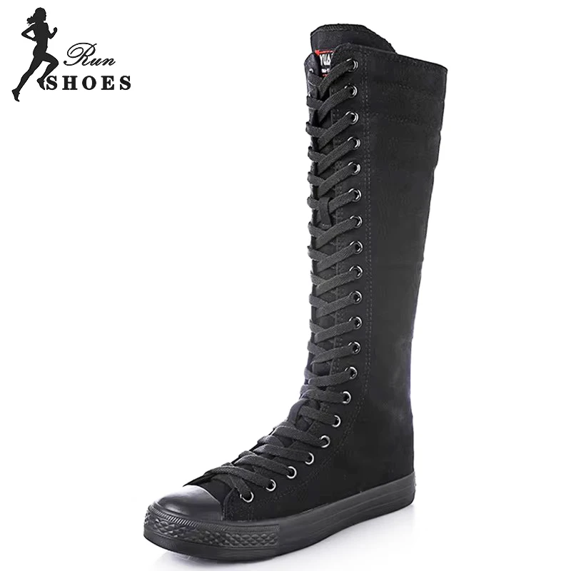 Black Plush Winter Women Shoes High Top Long Boots Lace-Up Zipper Flat Knee-High Punk Casual Canvas  Boots Sport Large Size 43