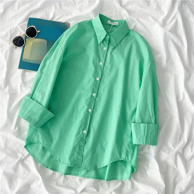 Women Blouses Office Lady Tops Pink White Blue Button Up Long Sleeve Shirt Female New Spring Korean Fashion Shirts Mujer