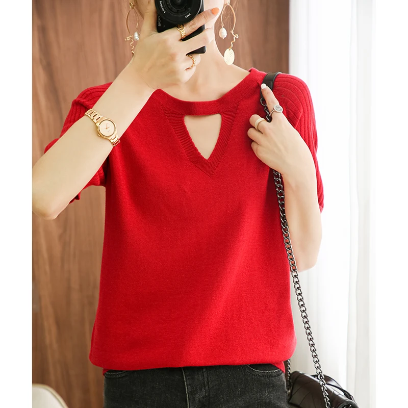 Summer women\'s T-shirt 100% cotton top casual knitting pullover short sleeve round neck T-shirt fashion sweater loose T-shirt