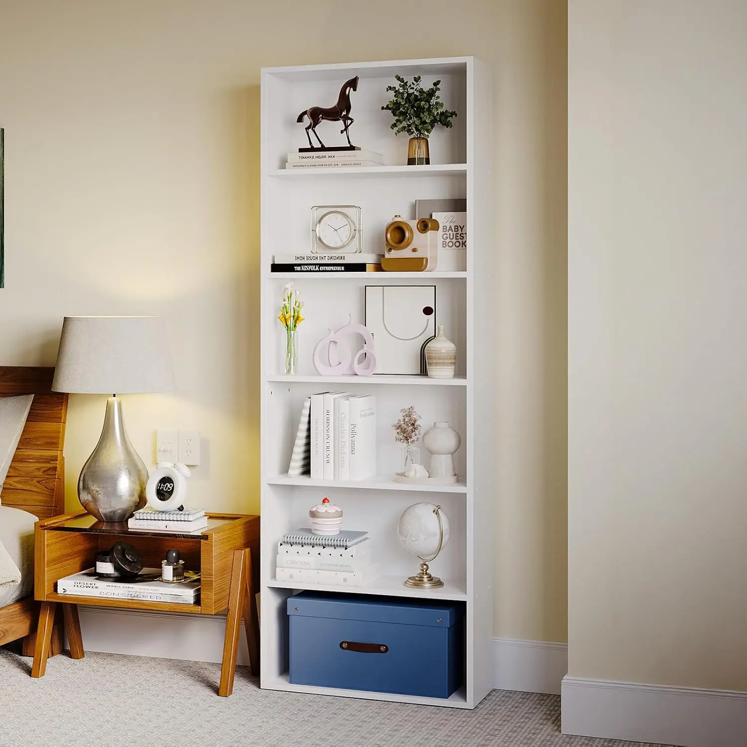 Bücherregal Weiß 6-Ebenen، Regal 20 cm Tief، Bücherschrank، Aufbewahrungsregal، Standregal، Offenes Regal Holz، Bookshelf fazer Wo