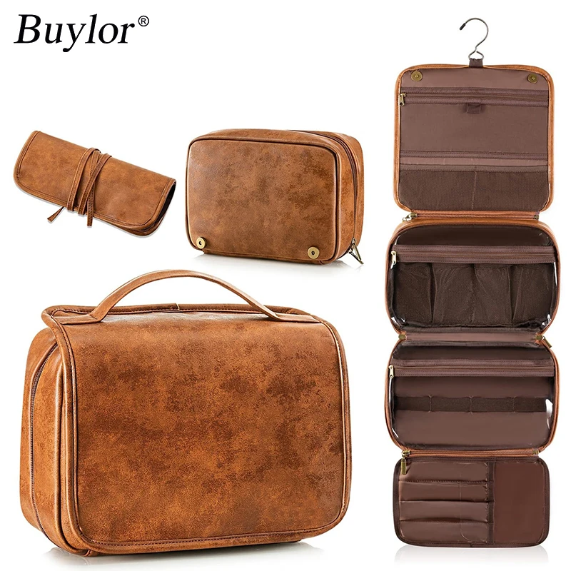 المشتري المرأة مجنون بو الجلود غسل حقيبة مستحضرات التجميل حقائب سعة كبيرة حقيبة مستحضرات تجميل للسفر الأعمال الرجال حقيبة تخزين أدوات الزينة #1