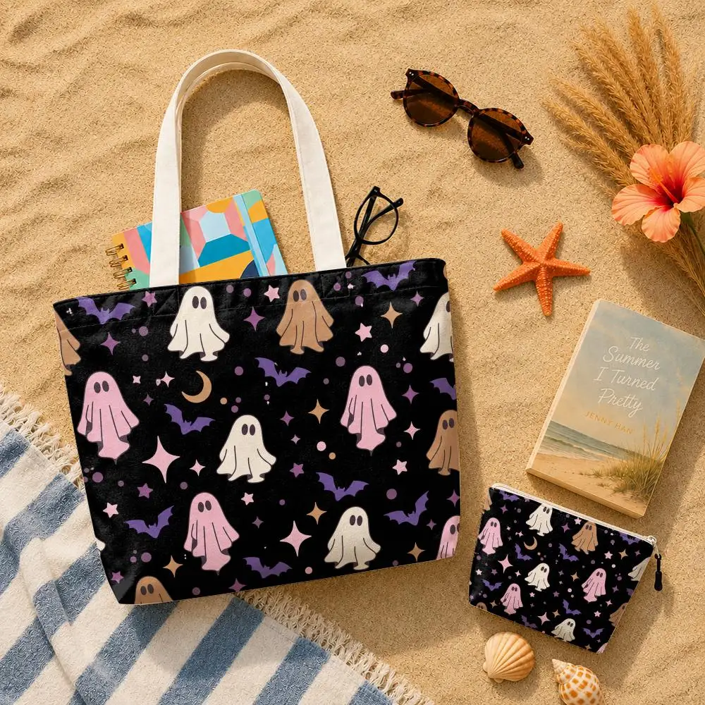 Pastel Halloween Creatures Storage Bags 2-Piece Set Double-Sided Printed Canvas Tote Bags with Zipper Shopping Shoulder Handbags