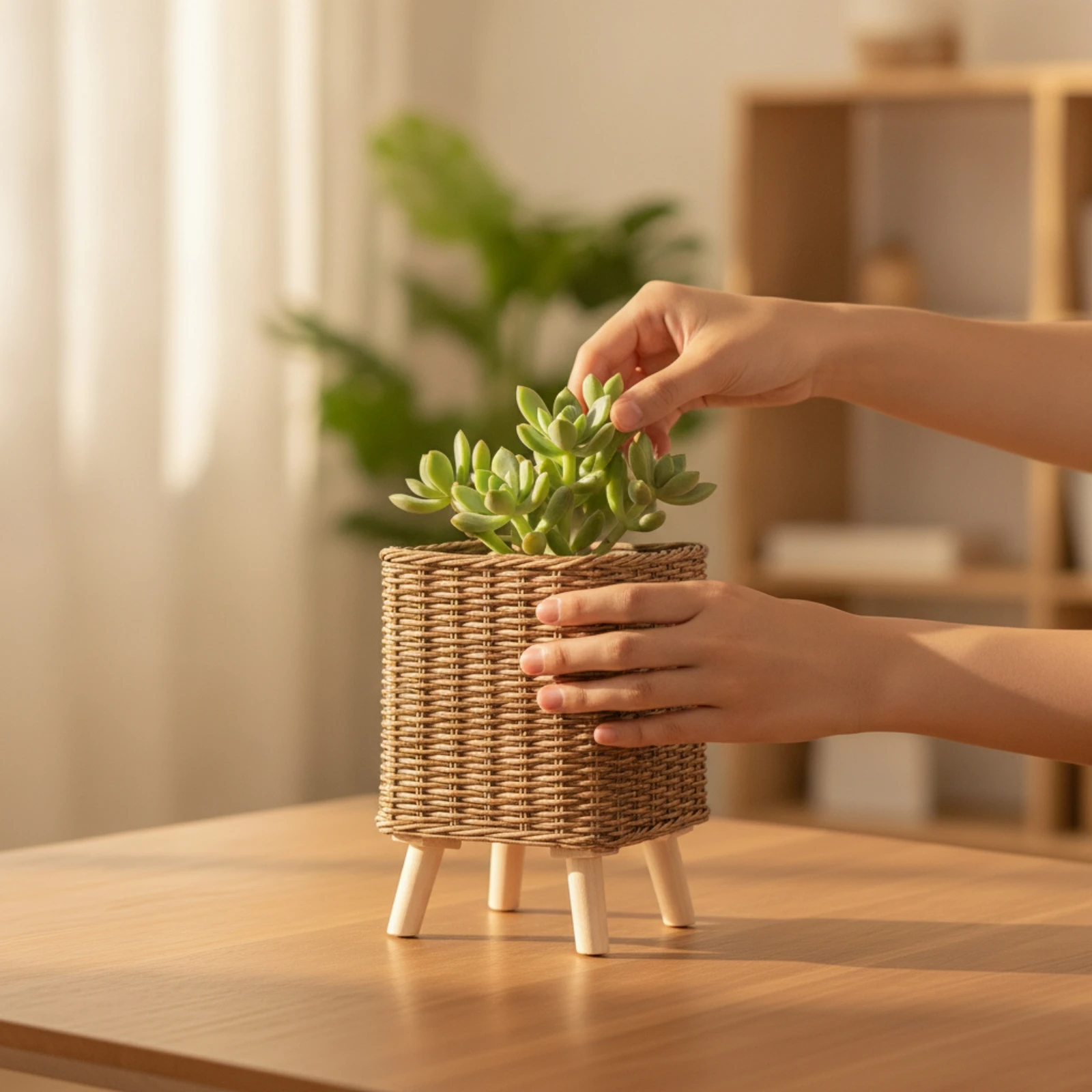 Wicker Planter Basket with Stand Compact Woven Planter with Legs Plant Basket with Stand Lightweight Natural for Desk