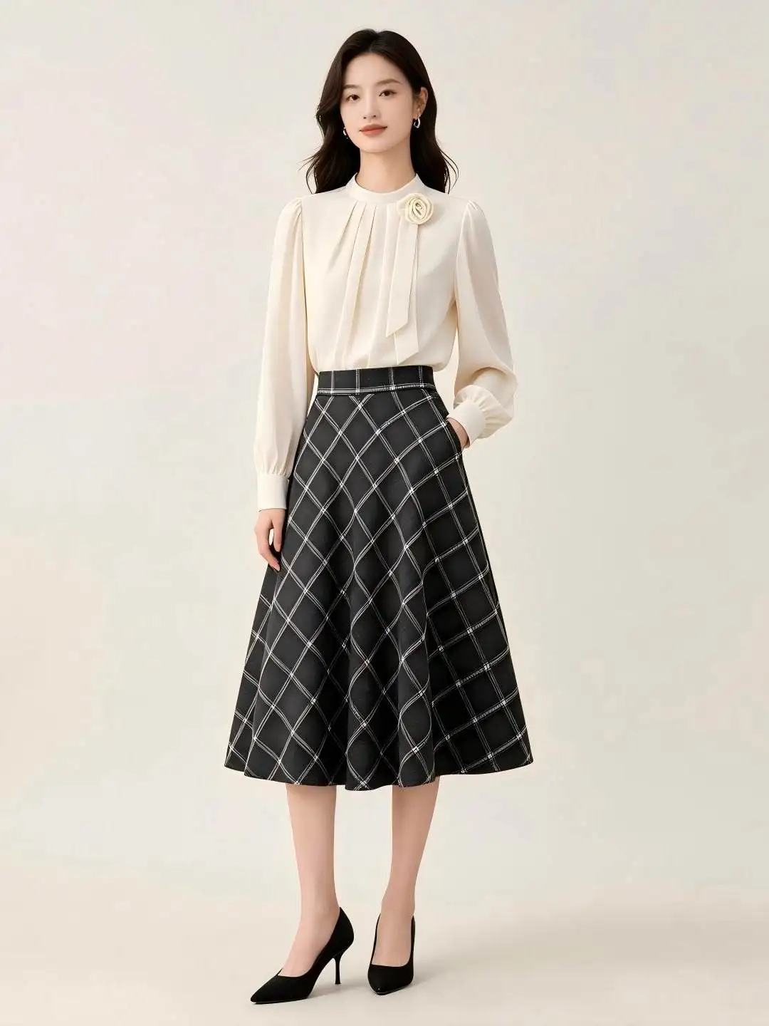 High Quality Vintage Gray Plaid Women Woolen Skirt All-match New Autumn Winter Elegant High Waist A-line Umbrella Skirt Casual