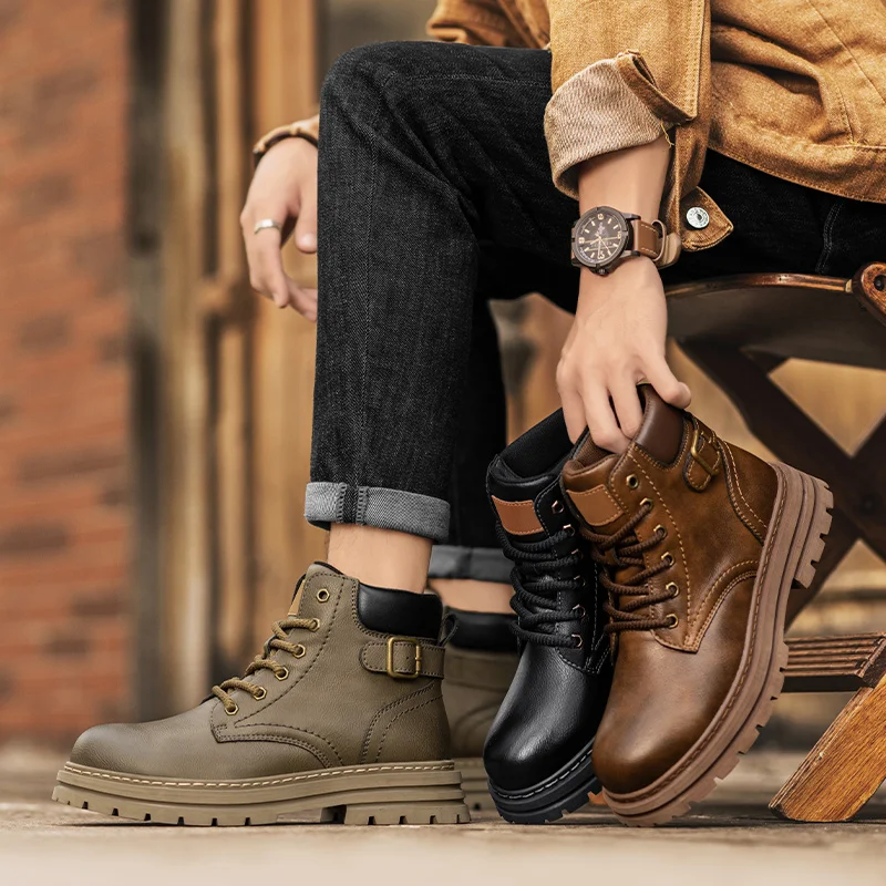 

2025 new men's high top waterproof casual shoes, anti slip and wear-resistant workwear boots, fashionable outdoor work boots