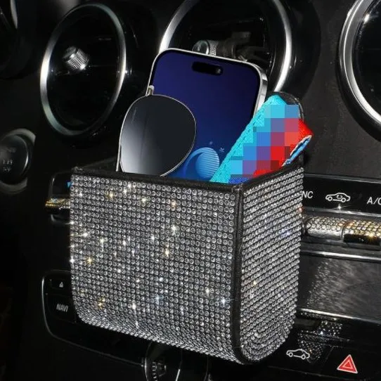 Vehicle Air Vent Mounted Leather Organizer Bag with Rhinestone Accents for Storing Phone For Documents and Small Essentials