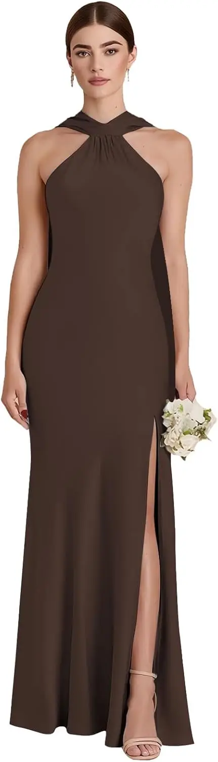 

Satin Long Bridesmaid Dress with Scarf Hanging Neck, Diagonal Cut, and Slit A-line , Elegant Ballroom Dress Formal Evening Dress