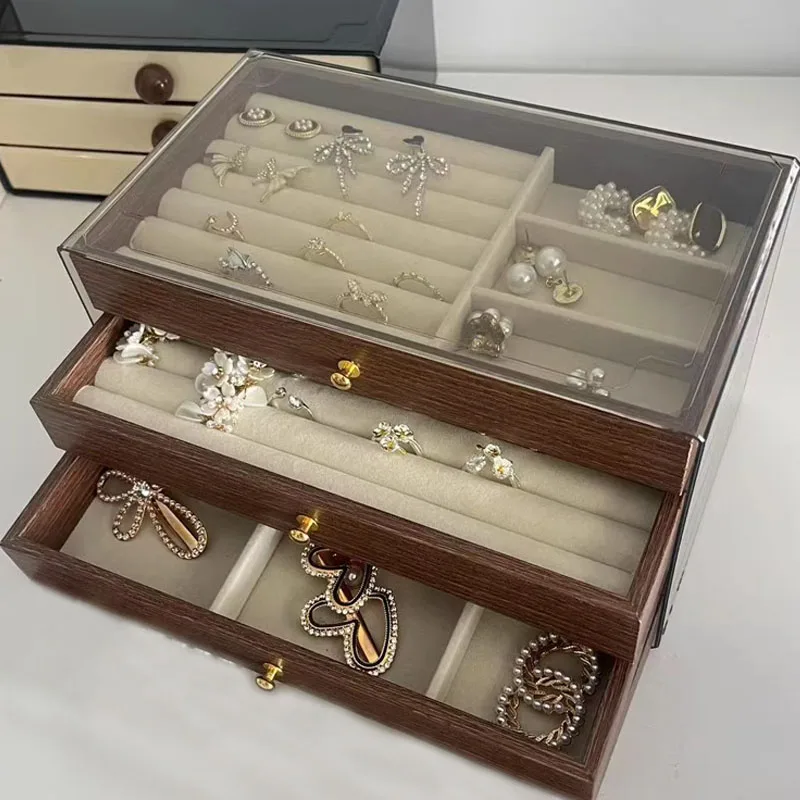 

Transparent Window Wooden Jewelry Storage Box Three-layer Rings Bracelet Earrings Jewelry Display Case Large Capacity Organizer