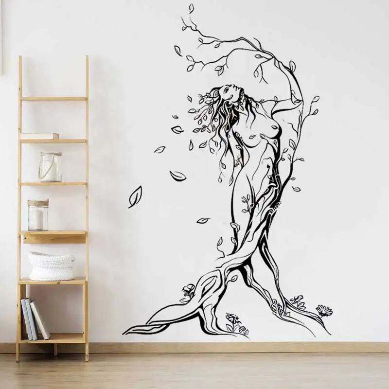 Abstract Sexy Girl Silhouette Wall Sticker Branches and Nature Couple Room Beauty Salon SPA Yoga Club Home Decor Vinyl Decal J3
