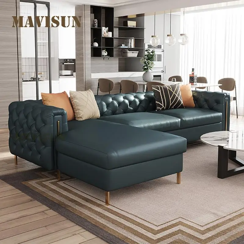 L-Shaped Leather Art Simple Sofa Size Apartment Living Room Light Luxury Solid Wood Soft Seat Leisure Corner Furniture Sofa