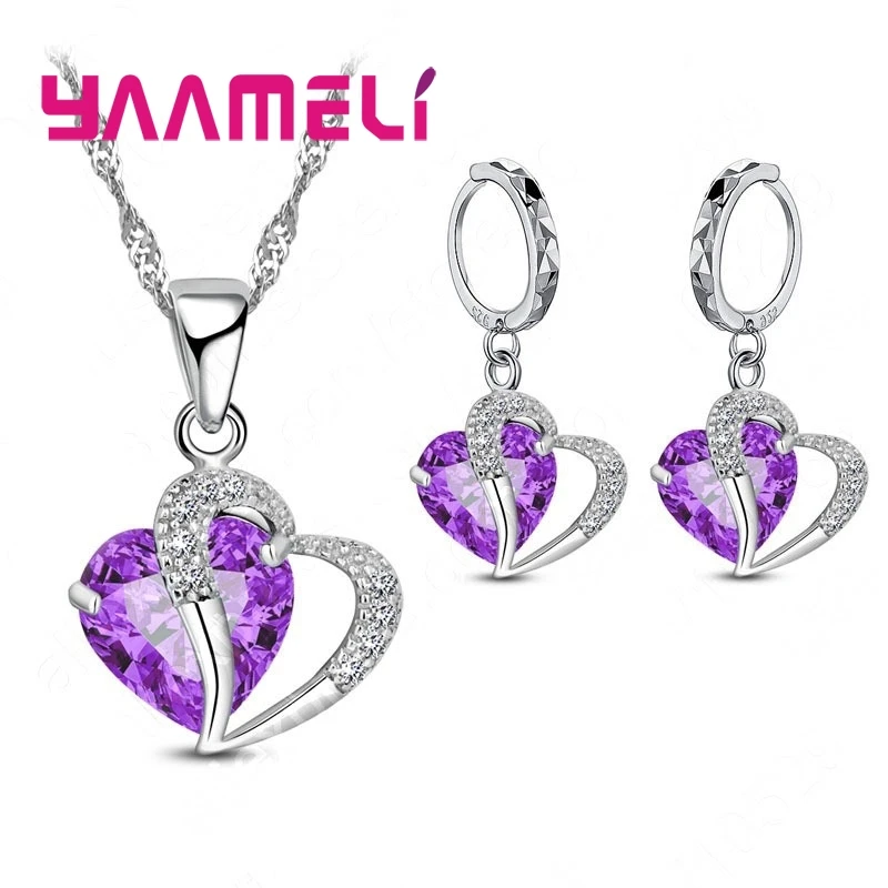 Gift Jewelry Set for Women 925 Sterling Silver Color Cubic Zircon Inlay Heart Pendant Necklace Earrings Wedding Accessory