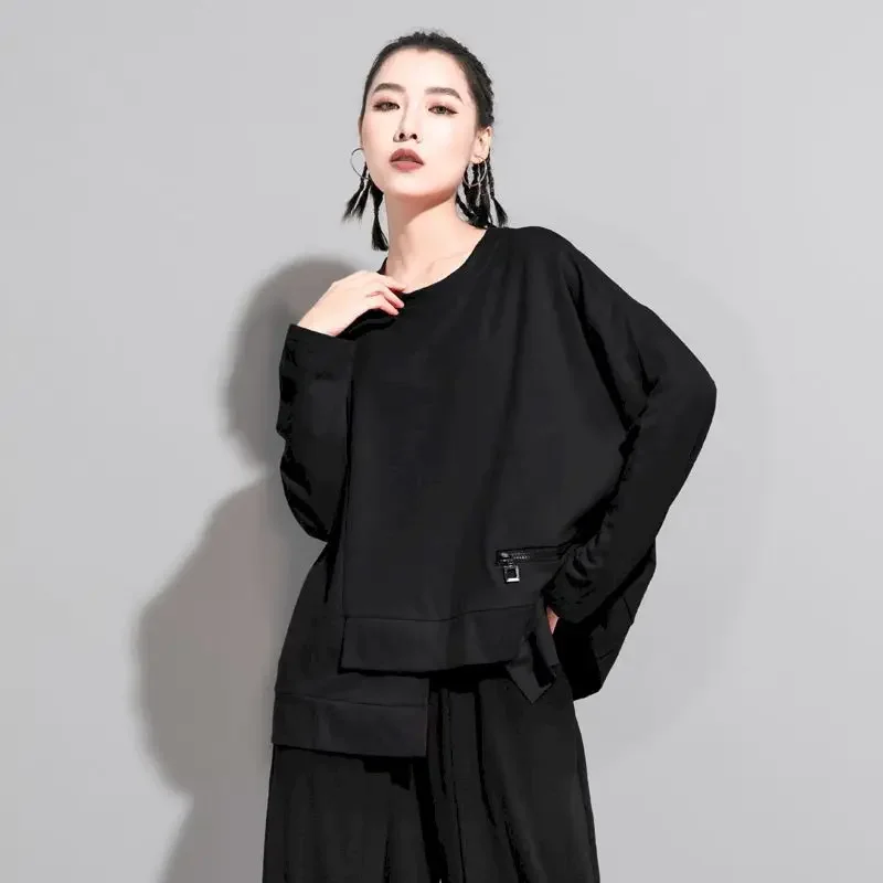 Dark Black Pullovers Women Fashion Irregular Design Long Sleeve Tshirt Spring Summer Trend Thin Personality Pullover Y2k Clothes