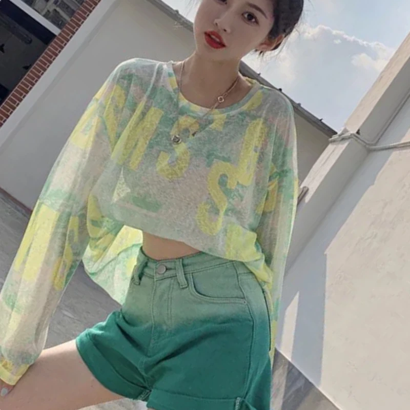 

Spring Autumn New Fashion Printing Tie Dye T-Shirts Women's Clothing Loose Lace O Neck Long Sleeve Pullovers Simplicity Y2K Tops