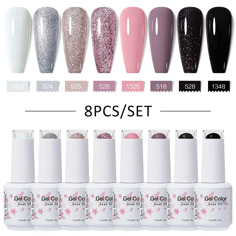 Clou Beaute Nude 8pcs Gel Nail Polish Set Glitter Lacquer White Black Varnish Translucent Fluorescence Nail Art DIY Manicure