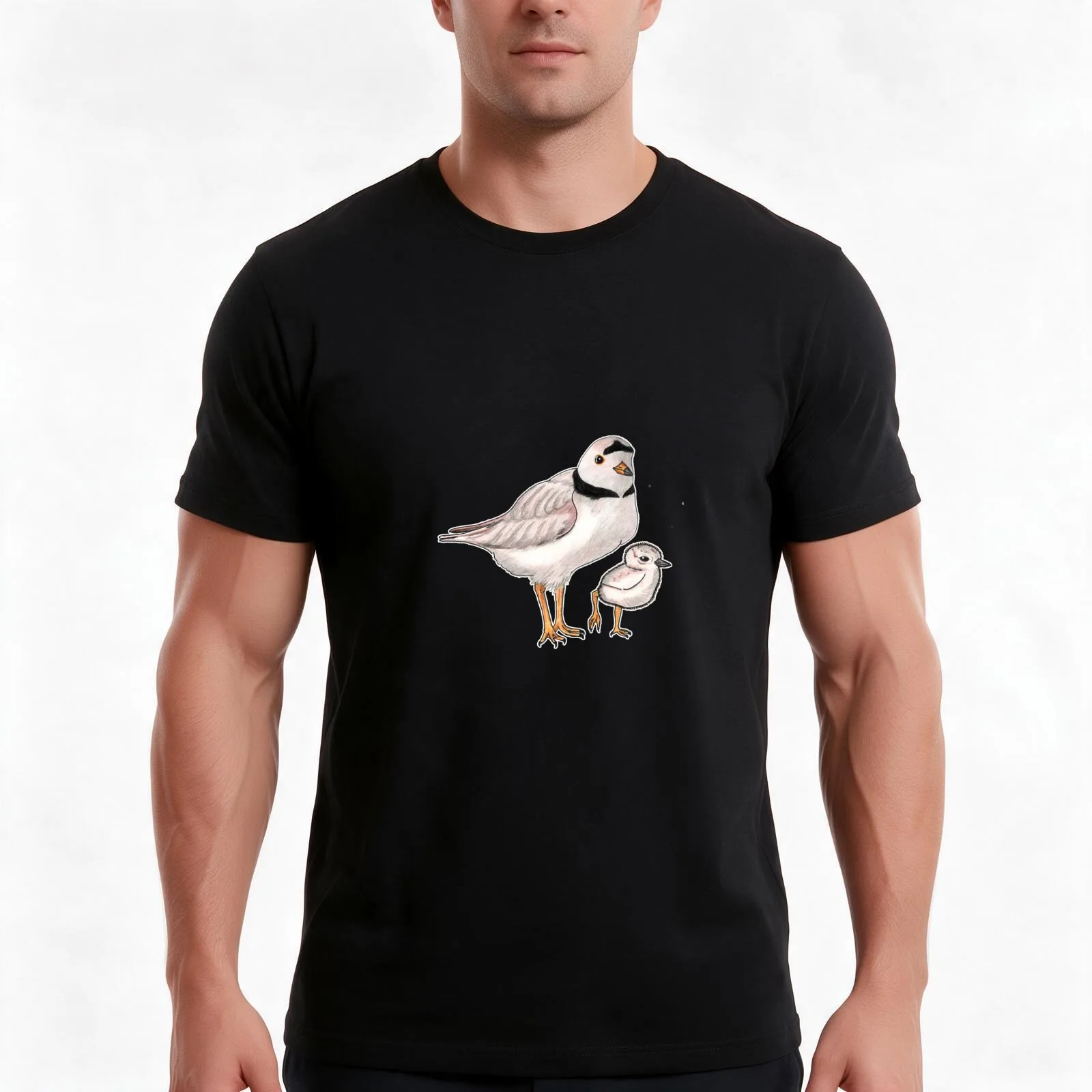 Piping Plover with Chick T-Shirt, Summer Casual Cotton Tee, Oversized Streetwear Tops, Vintage Graphic Print, Unisex Men Women