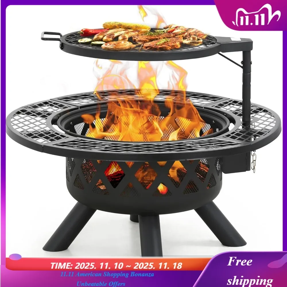 

Fire Pit with Poker, 32 inch Outdoor Fire Pit Patio, Wood Burning Firepits for Outside with Grill