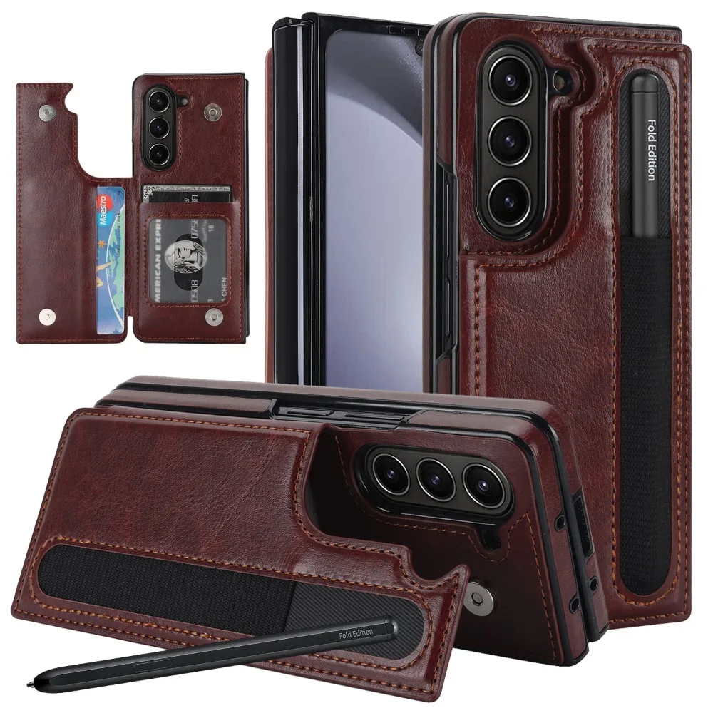 

Leather Purse Phone Case for Samsung Galaxy Z Fold 7 6 5 4 3 Fold6 Fold7 Pen Slot Card Holder Shockproof Stand Cover (NO Pen)