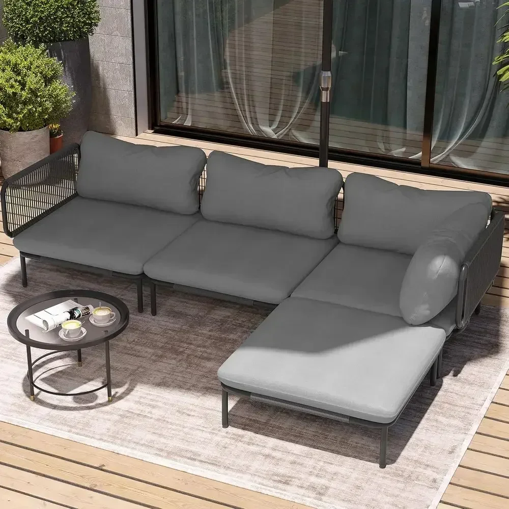 4-Piece Outdoor Sectional Sofa Set, 31 Large Patio Furniture with Polyester Woven Rope, Weatherproof Metal Frame, and Removable