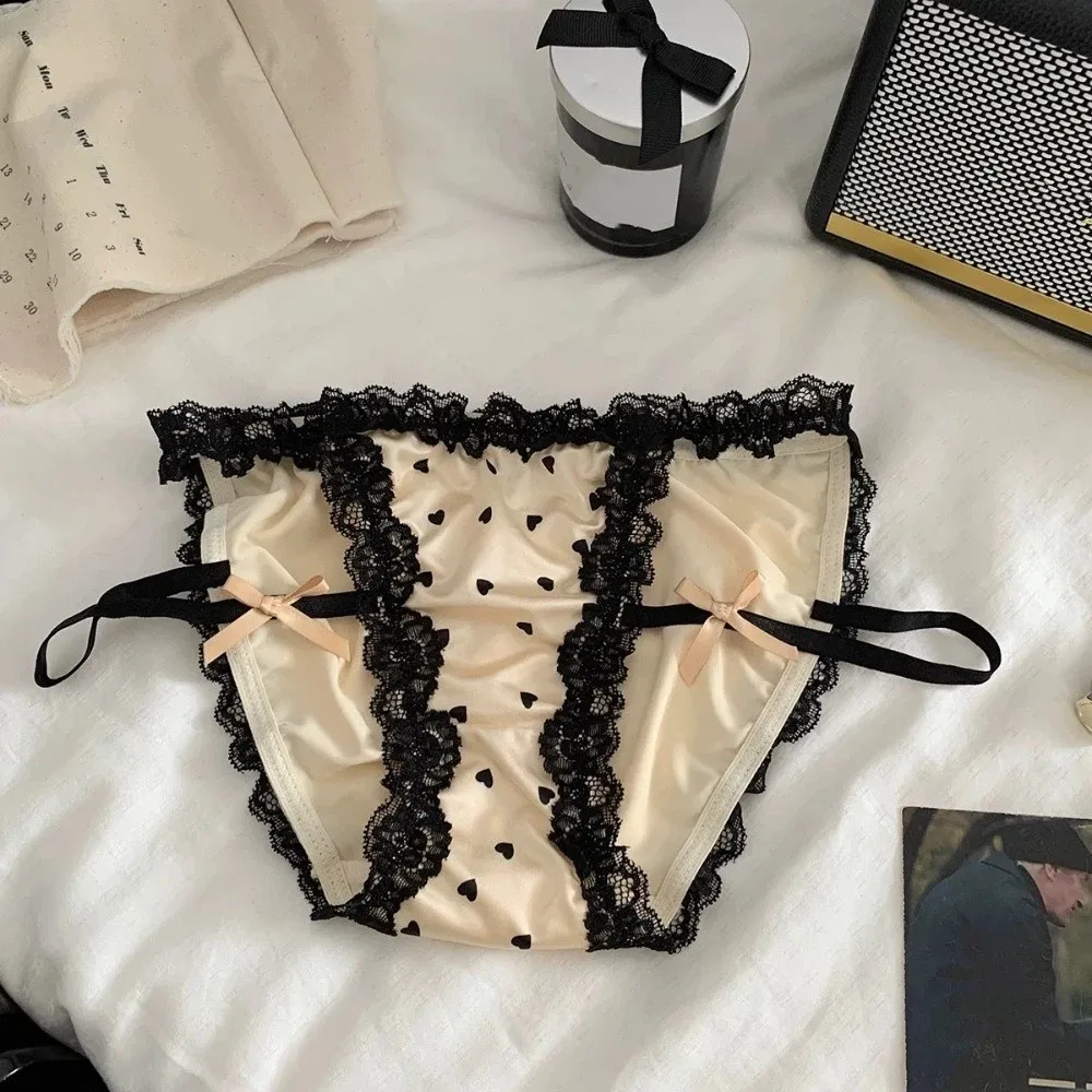 

Sweet Low Waist Lace Panties Satin Silk Heart Underwear for Women Lingerie Cotton Crotch Mesh Lace Briefs Summer