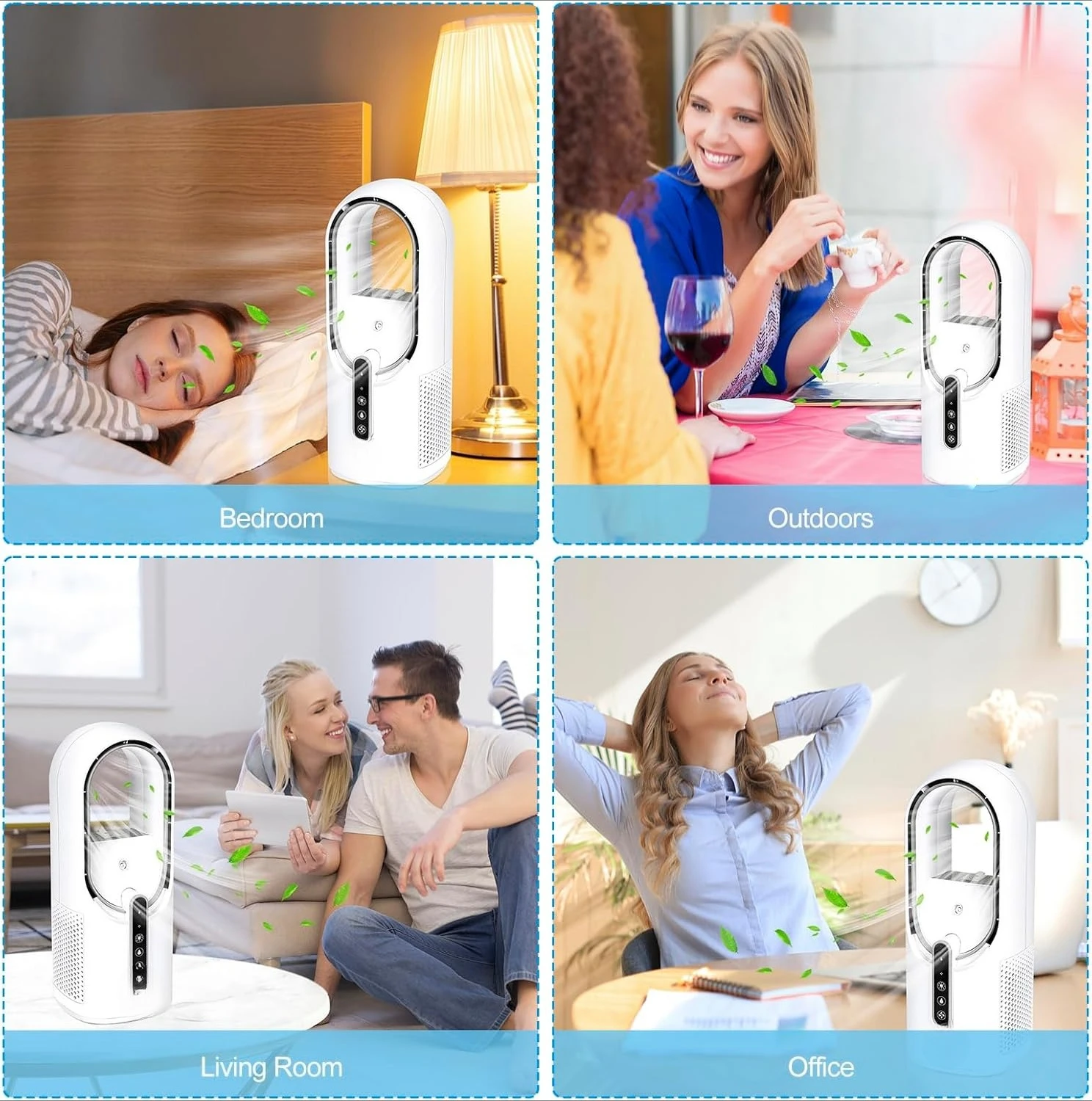 مروحة سطح المكتب المحمولة الخالية من الشفرة، مروحة شخصية لسطح المكتب مع 7 ألوان، ضوء محيط، 3 سرعات، مرطب كهربائي