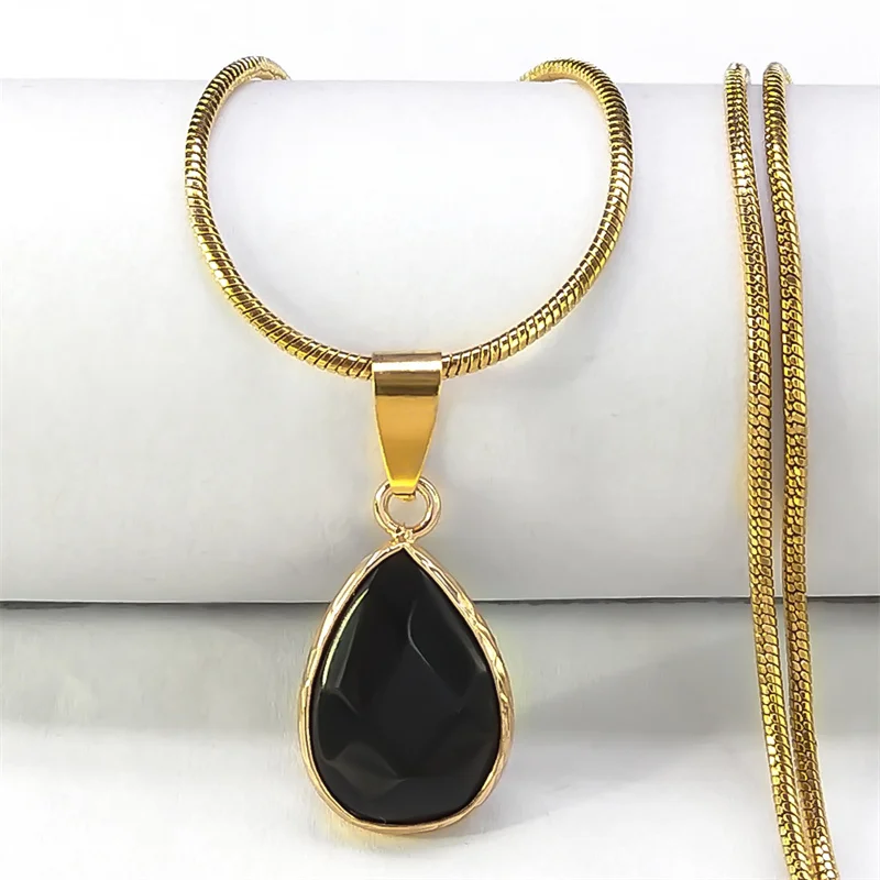 Wassertropfen Schwarz Natürlicher Obsidian Stein Anhänger Halskette für Frauen Vintage Edelstahl Schlangenkette Choker Halsketten Schmuck – Detail 4