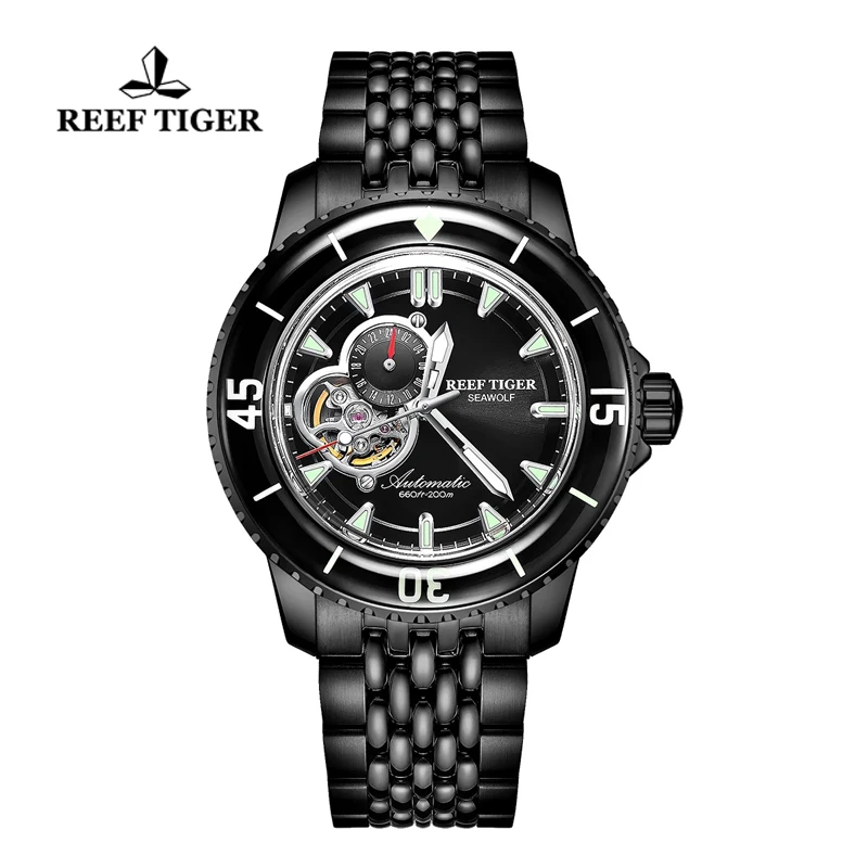 Reef Tiger/RT Luxury Dive Watch For Men Automatic All Black Bracelet Watches Luminous Mechanical Watch Waterproof 200M Watches