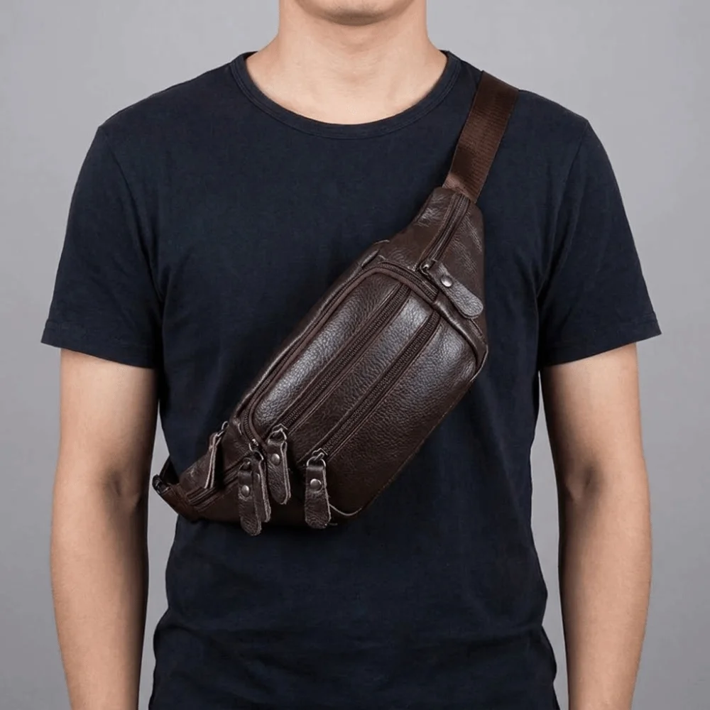 

Solid Color Genuine Leather Fanny Bag Multi-layered Waterproof Men's Chest Pouch Large Capacity Adjustable Buckle Strap