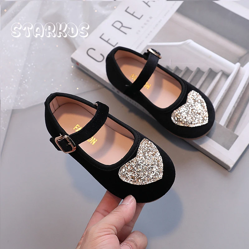 Kids Glitter Heart Patch Velvet Shoes Girl 2024 Spring New Ballet Flats Vintage Baby Child Soft Sole Velour Mary Janes In Red