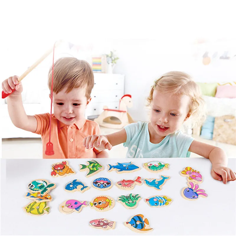 Montessori Holz Angeln Spielzeug Für Kinder Magnetische Marine Leben Erkenntnis Fisch Spiele Eltern-kind-Interaktive Pädagogisches Spielzeug