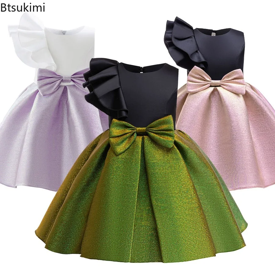 Halloween Solid Color Girls Party Dress Sparkling Fabric Bow Sleeveless Dresses Summer Children Girls Evening Dresses 3-10 Years