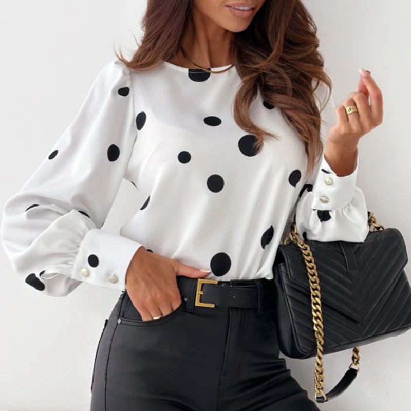 Fashion Polka Dot Long Sleeve Pullover Women's Elegant Slim  O- Neck Bottom Shirt Autumn Office Casual Hollow Blusa Streetwear