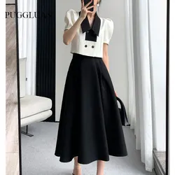 French Elegant Two Piece Sets Vintage Office Lady Puff Sleeve White Crop Top + A Line Black Midi Skirts Suit Retro Summer Outfit