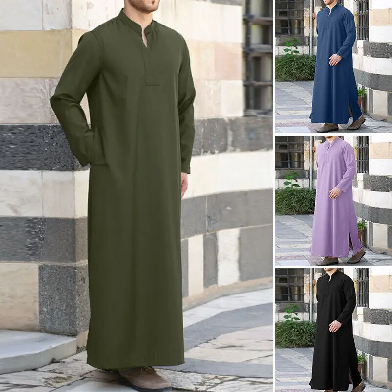 Men Muslim Shirt Robe Stand Collar Long Sleeve Islamic Arab Kaftan Streetwear Saudi Arab Thobe Indian Dress Robes Blouse