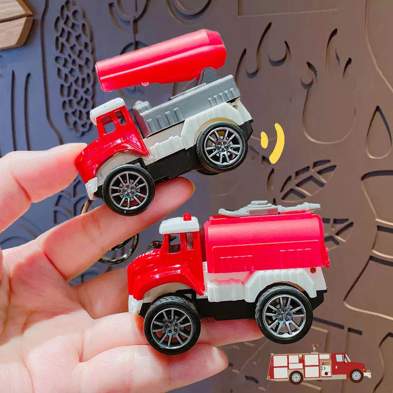 Alloy Inertia City Fire Engine Model Keychain Pendant Cute Mini Simulation Fire Truck Pull Back Car Toy Desk Ornament Boy Gift