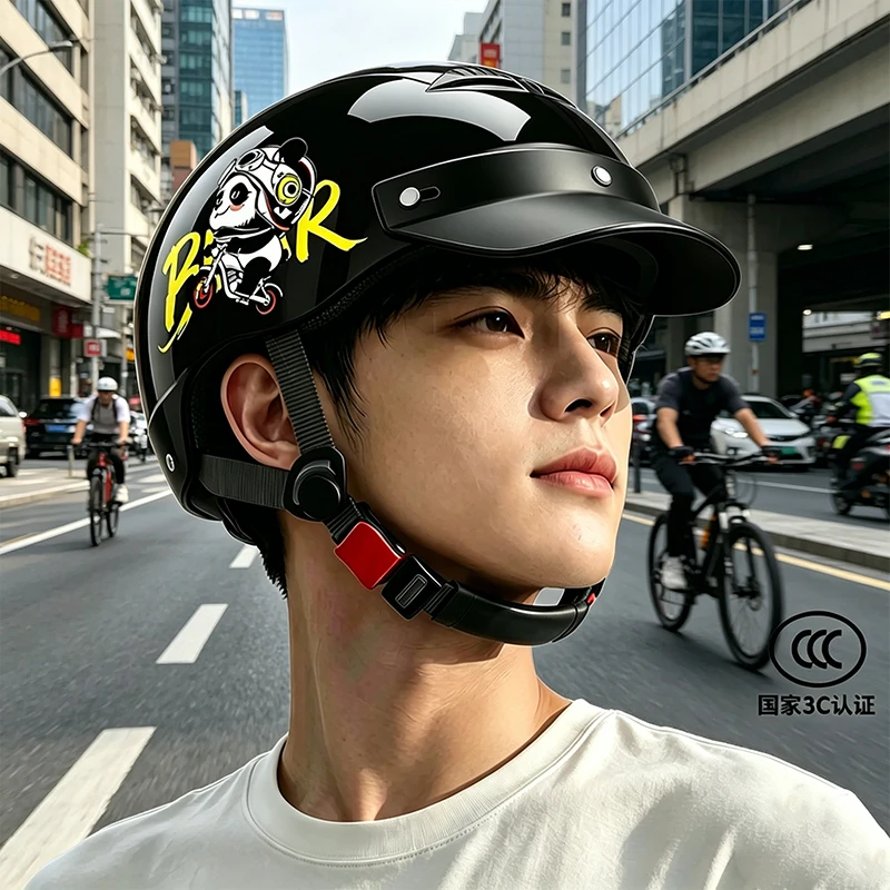 

This retro-style motorcycle half helmet provides sun protection and safety features, suitable for use on electric bicycles