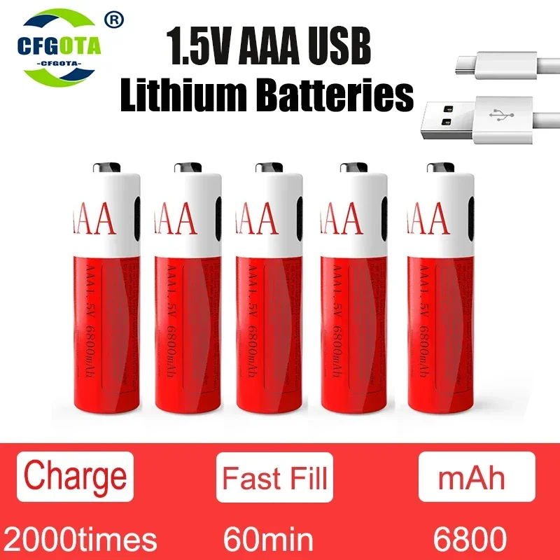 

100% High capacity 1.5V AAA 6800mAh USB rechargeable li-ion battery for Remote control wireless mouse toy + Cable