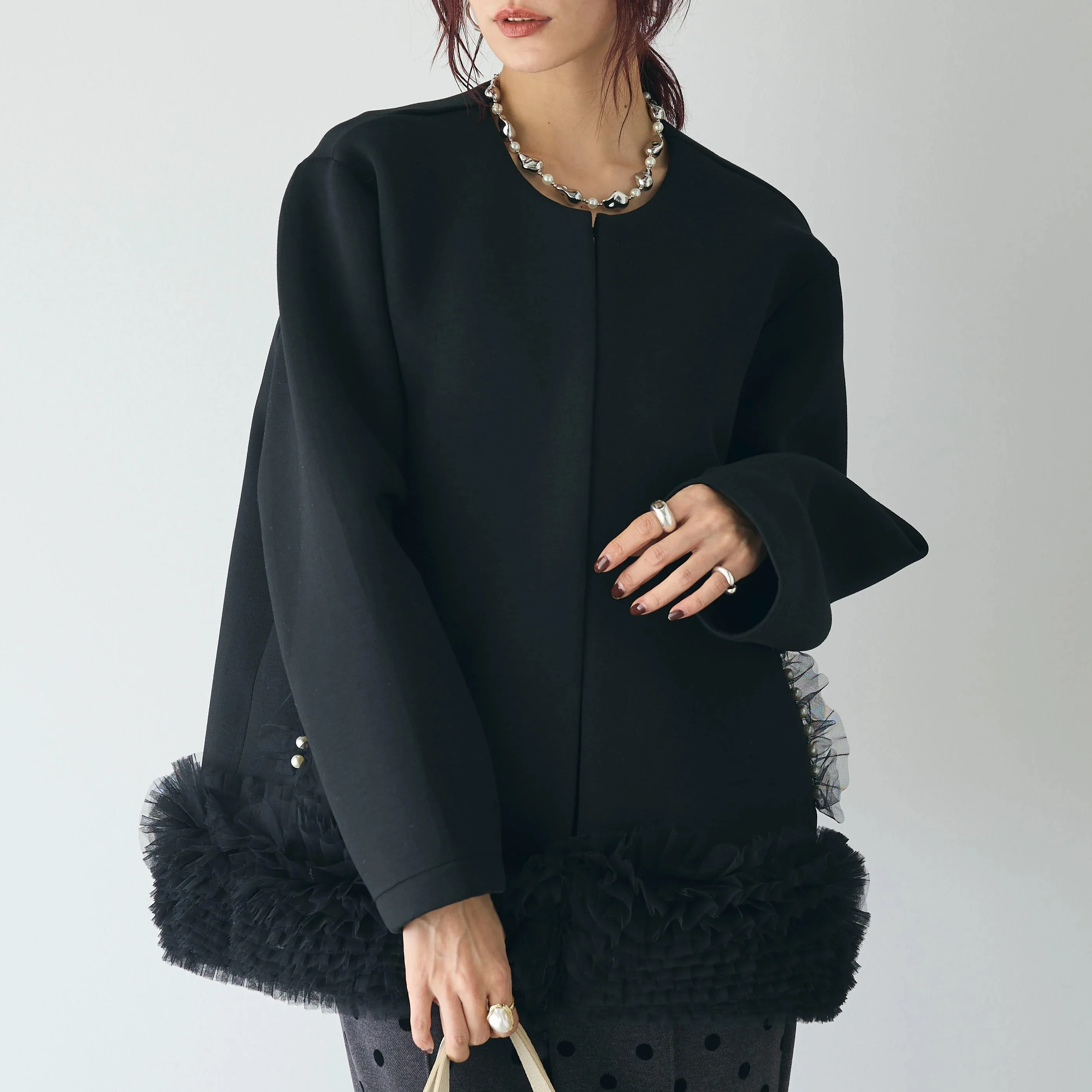 

2025 Spring Autumn Ruffles Jacket Women Vintage Long Sleeve Elegant Mesh Patchwork Coat Outerwear Top Chaquetas Mujer