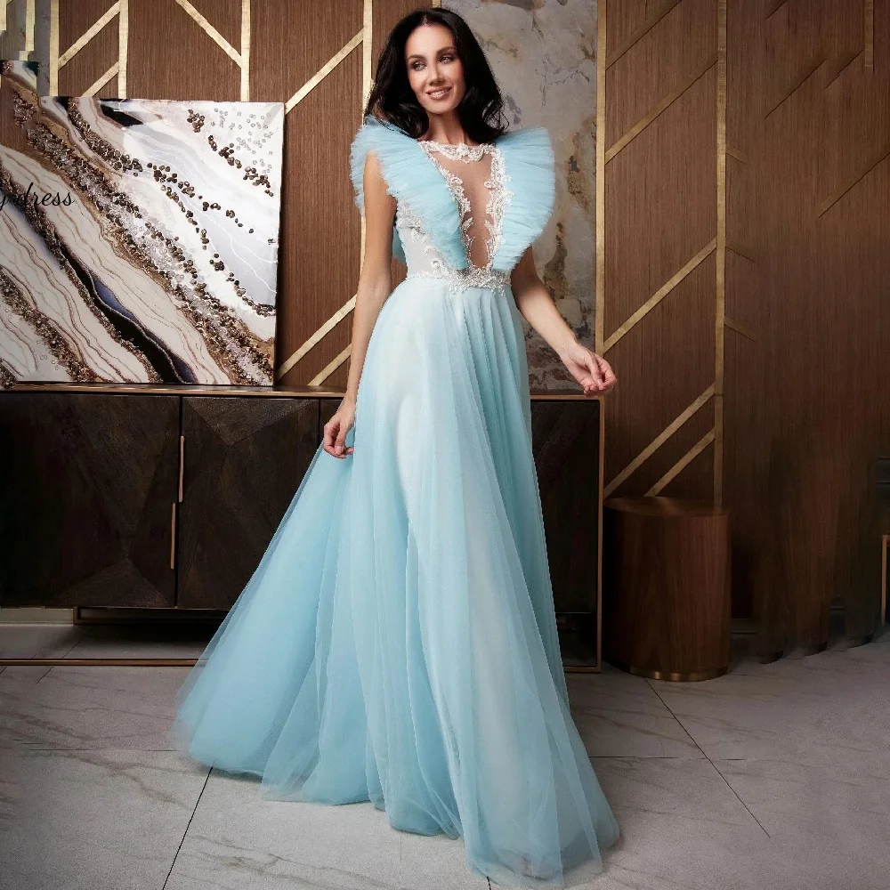 

Customized O-neck Sleeveless Evening Party Gowns with Beading Exquisite Applique Prom Dress Floor Length Celebrity Dress Custom