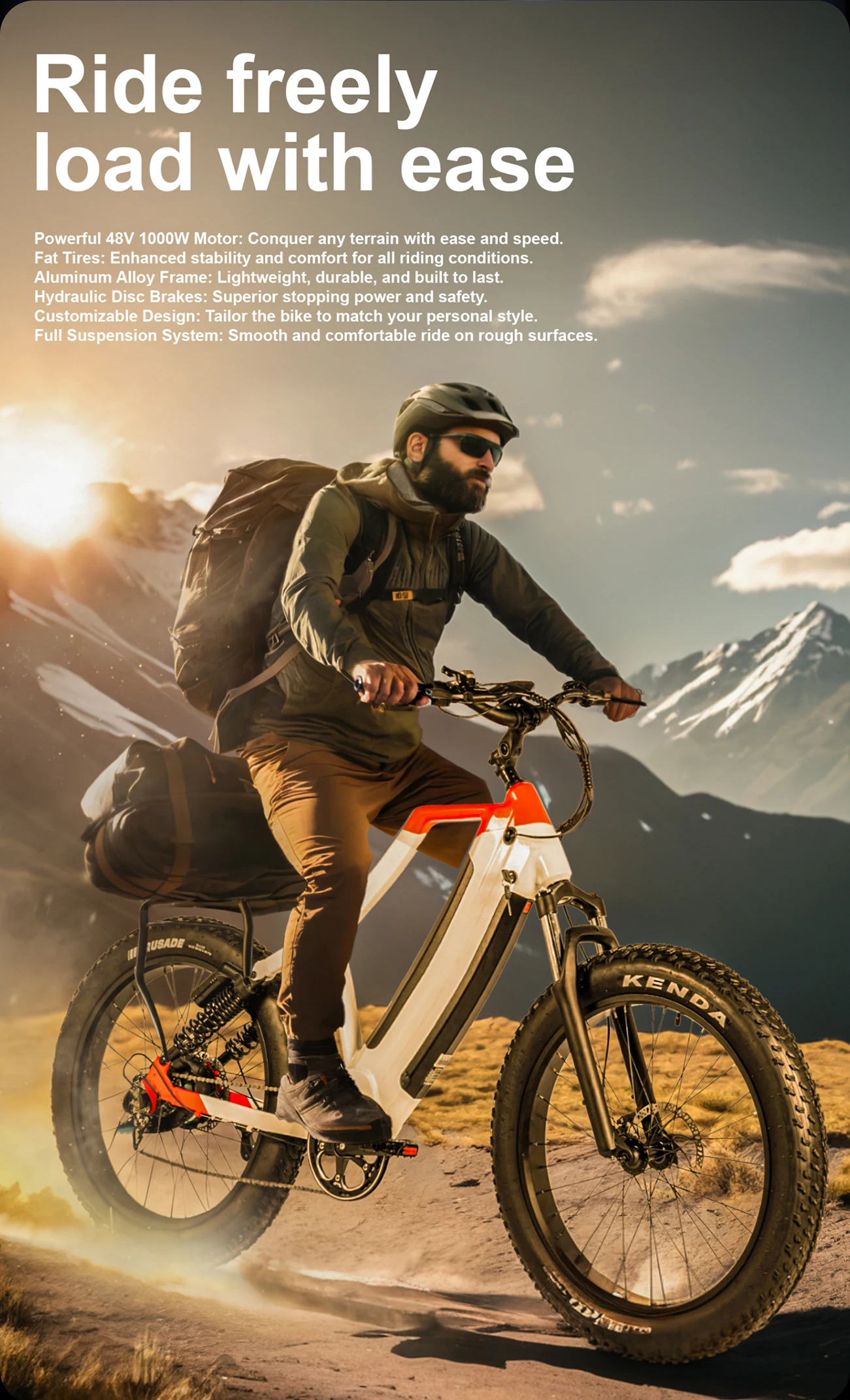 

V20 Городской электрический велосипед для взрослых, 1000 Вт, 26-дюймовый электровелосипед с толстыми шинами, 48 В, литиевая батарея, склад в ЕС/США