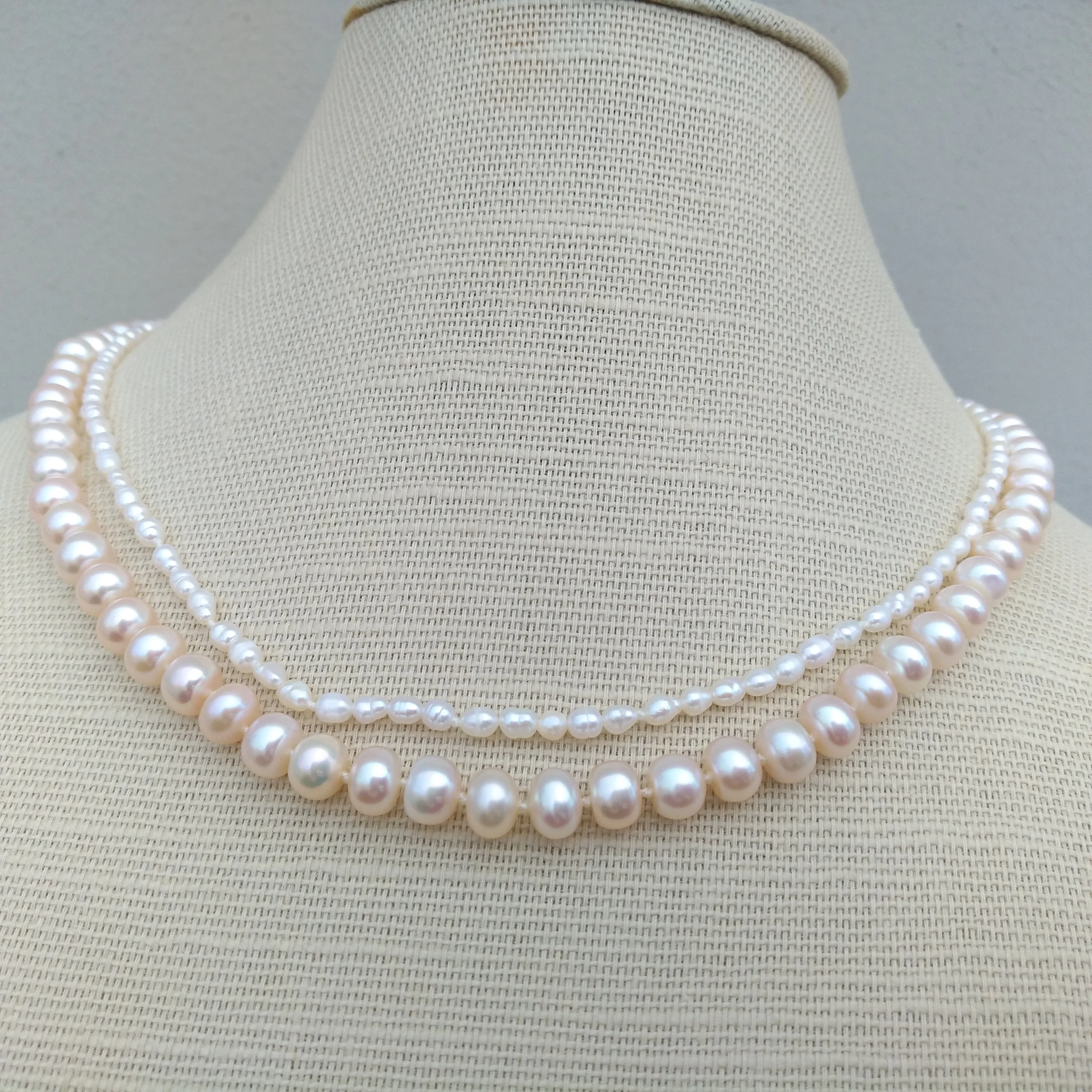 2rows Design Pretty Naturl AKOYA White Pink Pearl Necklace 18