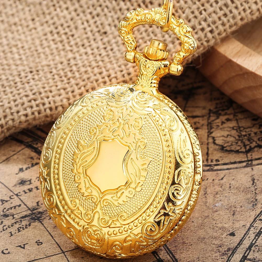 Gold Shield Full Hunter Alloy Metal Quartz Analog Pocket Watch Necklace/Fob Chain Pendant Pocket Clock Vintage Timepiece Gift