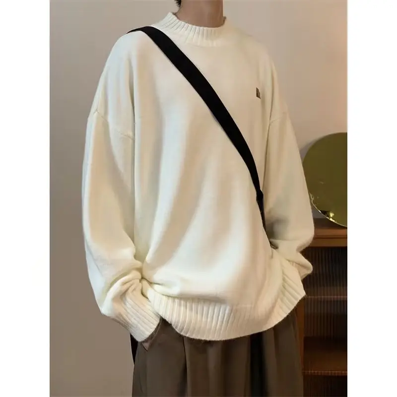 Crewneck Sweater Jacket for Men's Autumn and Winter New Couple Thick Casual Loose Languid White Simple Knit