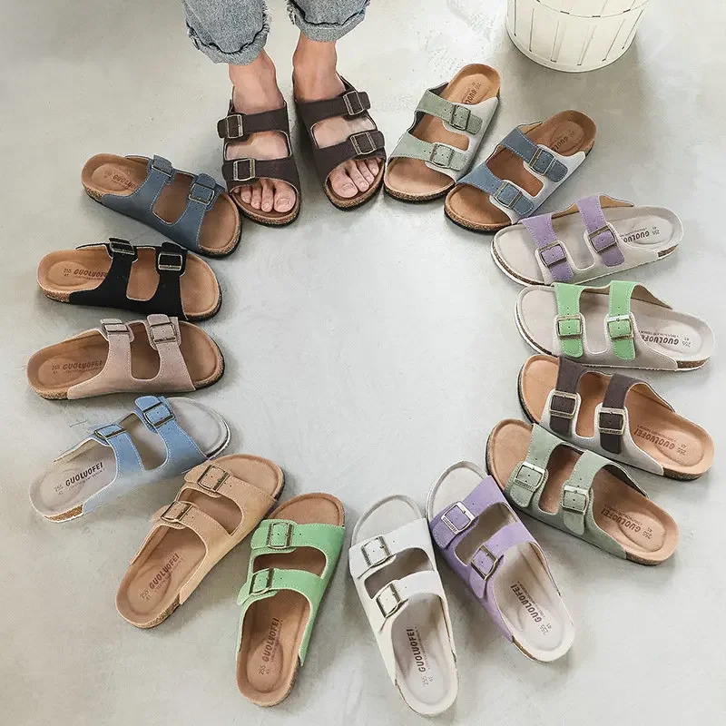 

Fashion Cork Slippers Women's Summer Outdoor Antiskid Couple Leather Sandals Vacation Beach Slippers Flip Flops Big Size 35-46