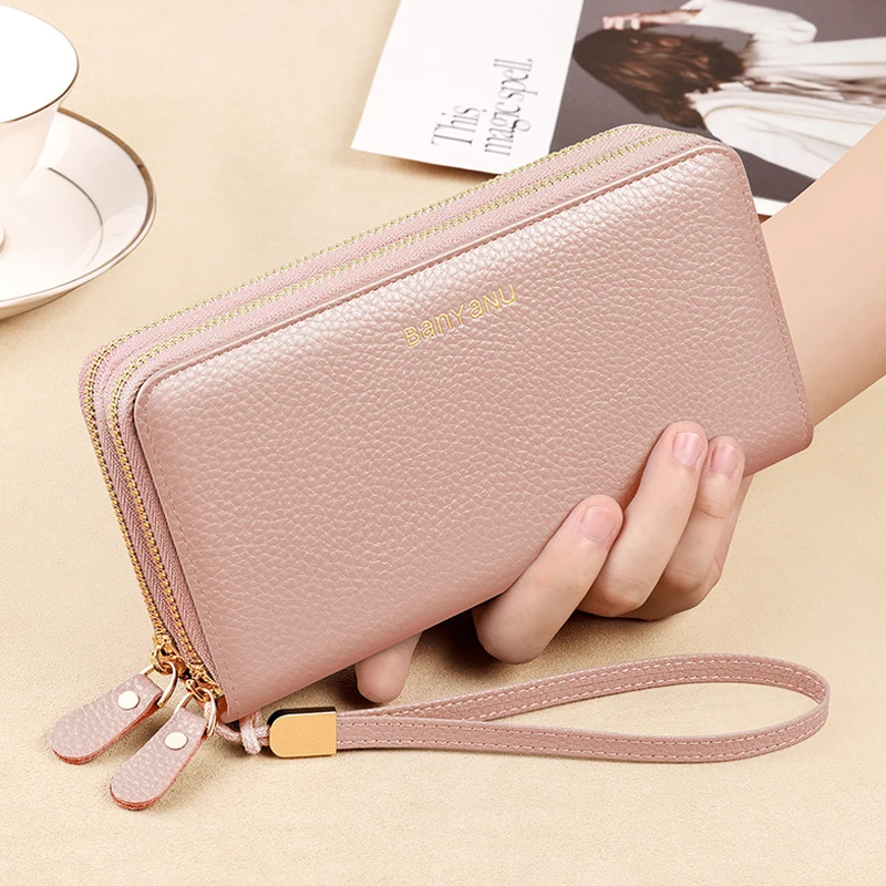 Double Zippers Women's Big Wallet Genuine Leather Luxury Designer Long Clutch Wallet RFID Card Holder Red Wallets for Women Pink