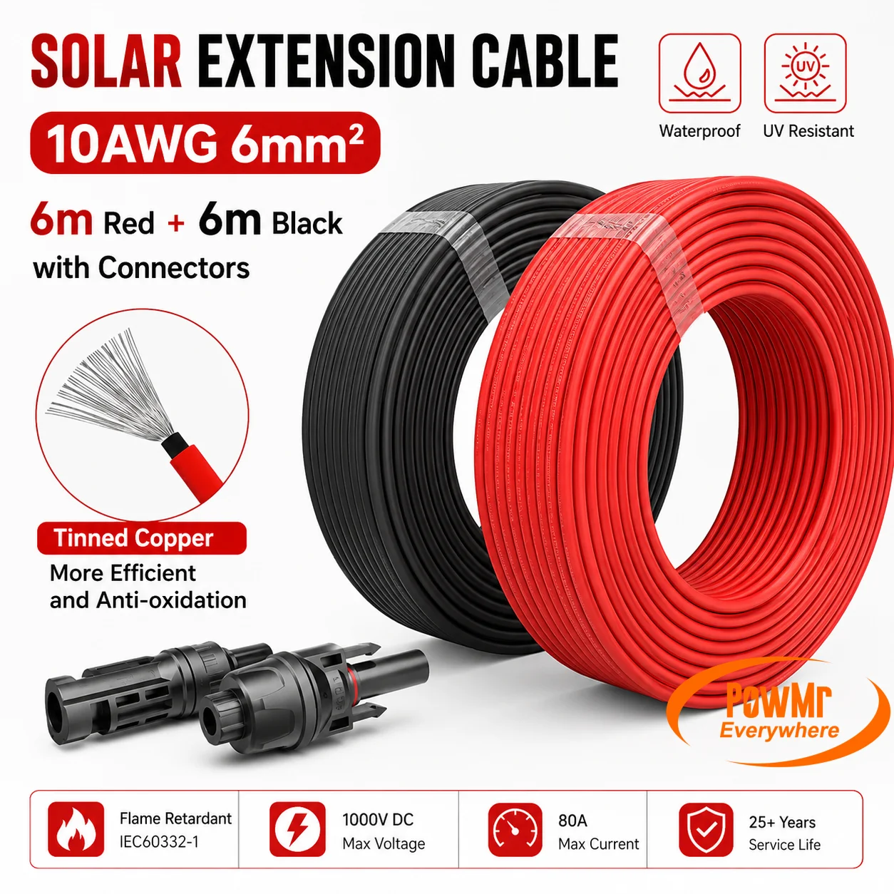 Cavo di prolunga solare PowMr PL, sezione 10 AWG, 6 mm², 6 m rosso + 6 m nero, con connettori MC4, filo in rame stagnato per sistemi di pannelli solari.