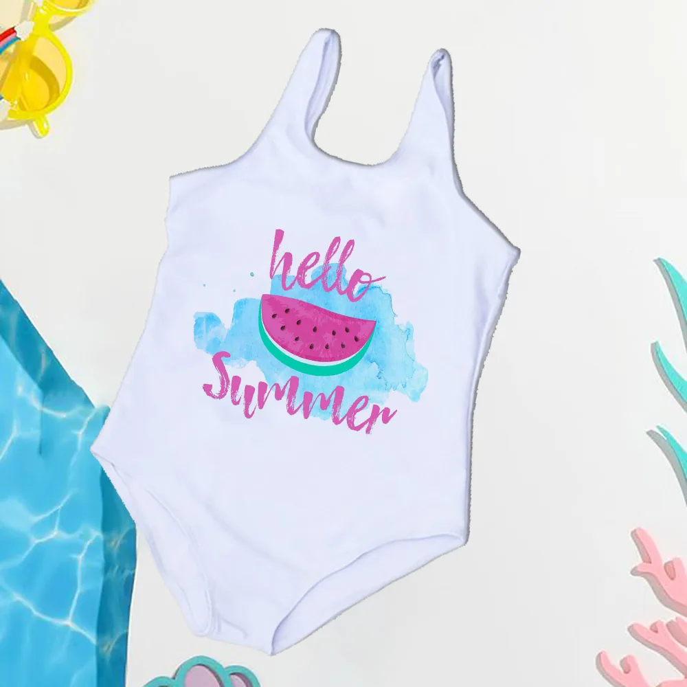 Hello Summer Baby Girl One Piece Bathing Suit for 2-7year Summer Toddler Swimwear Cute Bikini Swimsuits Beach Party Clothes