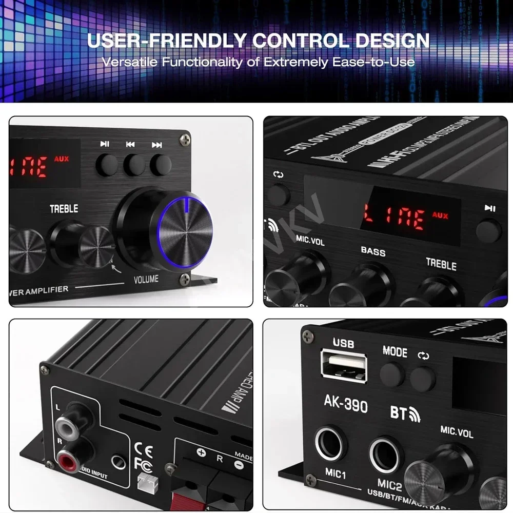 مضخم صوت بلوتوث مضخم طاقة منزلي MIC مضخمات صوت قناة صوت 2.0 HIFI مشغل ستيريو رقمي لنظام المسرح المنزلي 390