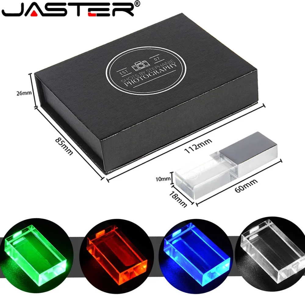 JASTER with Box Crystal USB Flash Drive 128GB LED Light Pen Drive 64GB Free Custom Logo Memory Stick 32GB Hot Sale U Disk 16GB