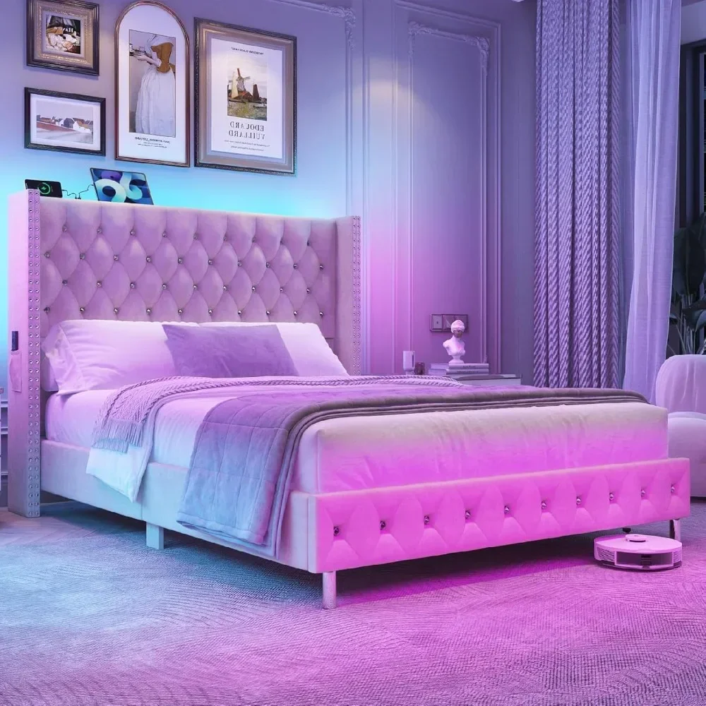 Bed Frame with Wingback Headboard, Velvet Diamond Button Tufted Bed Frame w/USB&Type-C Ports, Pocket and LED Lights